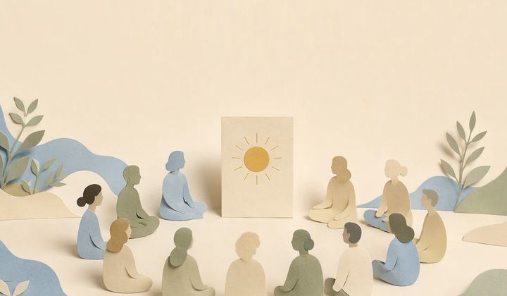 Paper figures sit in a circle around a standing card with a sun symbol.