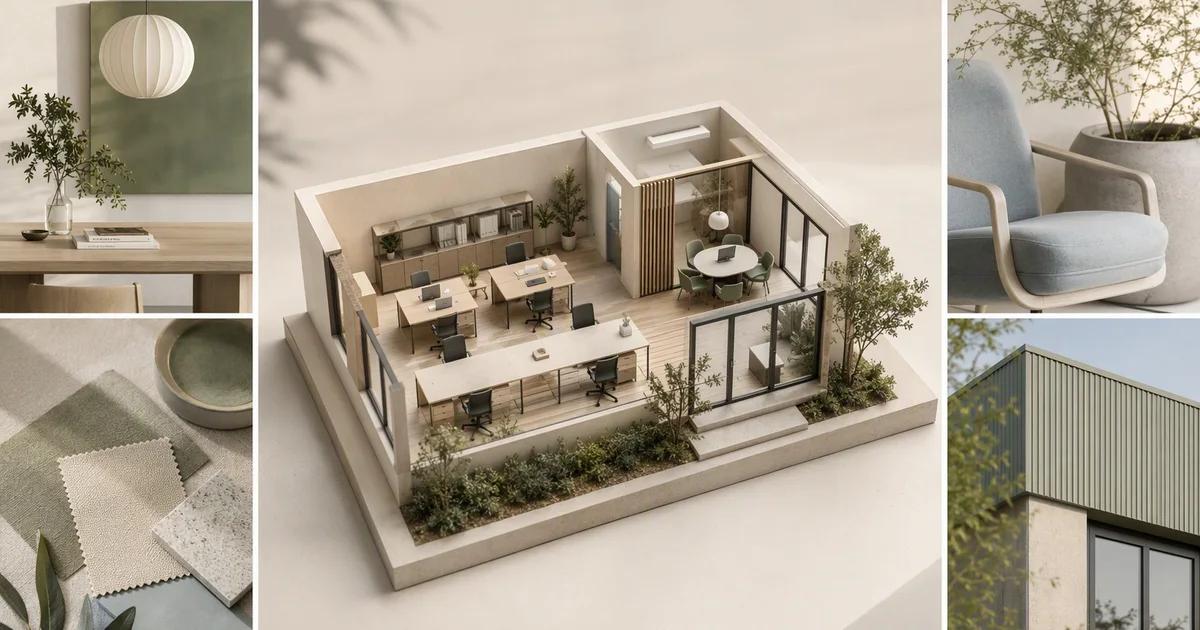 A miniature workplace surrounded by four distinct editorial image tiles.