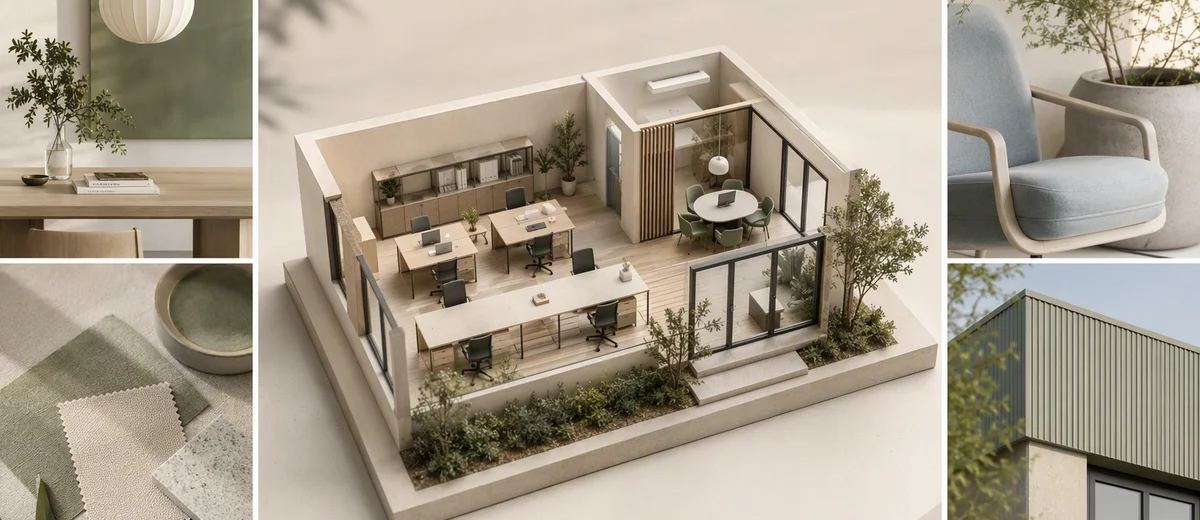 A miniature workplace surrounded by four distinct editorial image tiles.