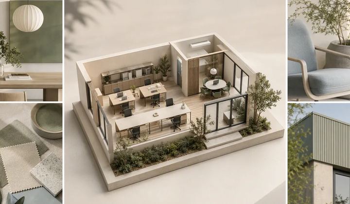 A miniature workplace surrounded by four distinct editorial image tiles.