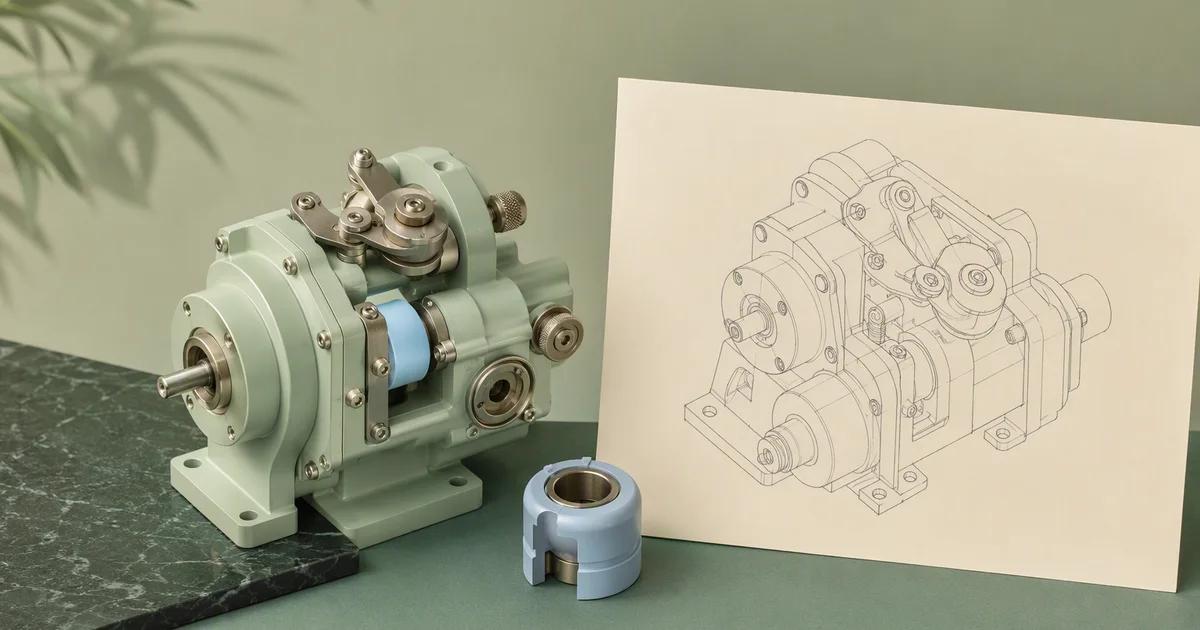 A mint mechanical object with one replaced pale blue component displayed beside a clean ivory assembly drawing without markings