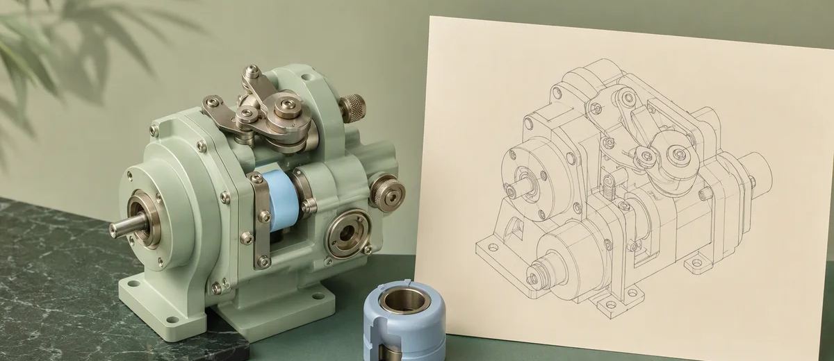 A mint mechanical object with one replaced pale blue component displayed beside a clean ivory assembly drawing without markings