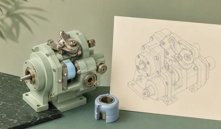 A mint mechanical object with one replaced pale blue component displayed beside a clean ivory assembly drawing without markings