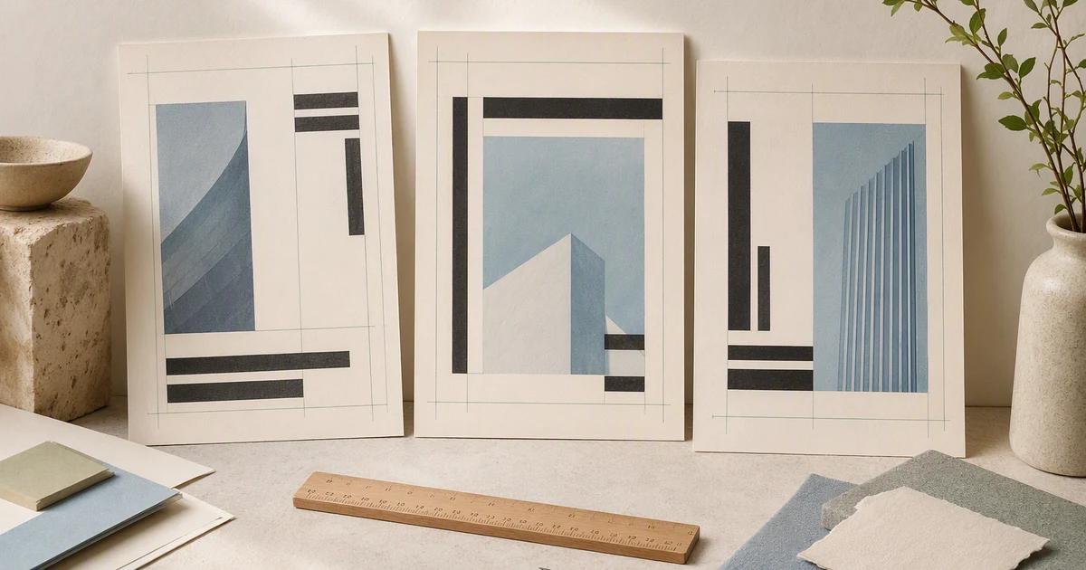Orderly paper slides show abstract blocks of type, spacing, and image areas beside a ruler.