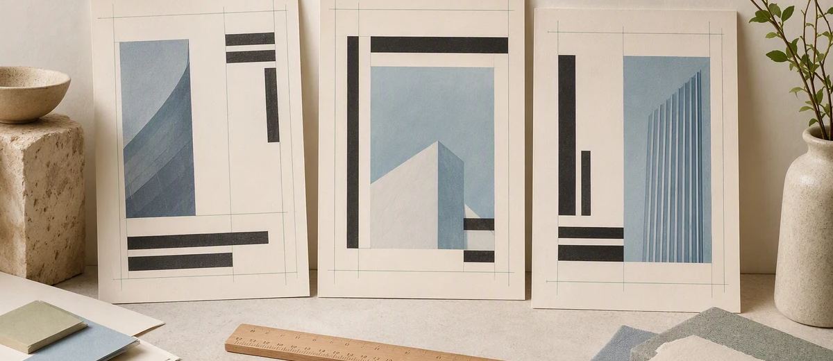 Orderly paper slides show abstract blocks of type, spacing, and image areas beside a ruler.