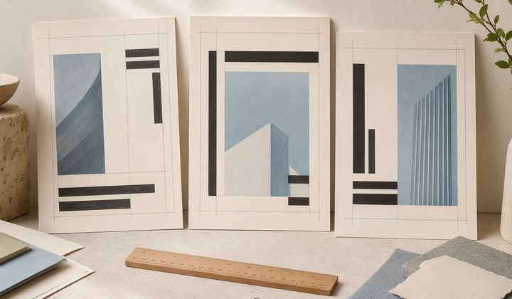 Orderly paper slides show abstract blocks of type, spacing, and image areas beside a ruler.