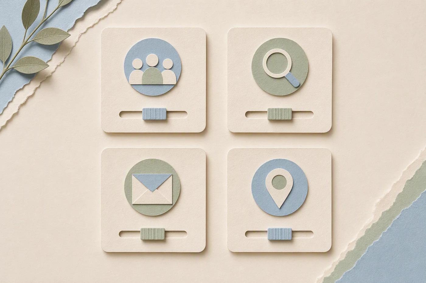 Four independent paper control objects represent audience, discovery, messages, and location.