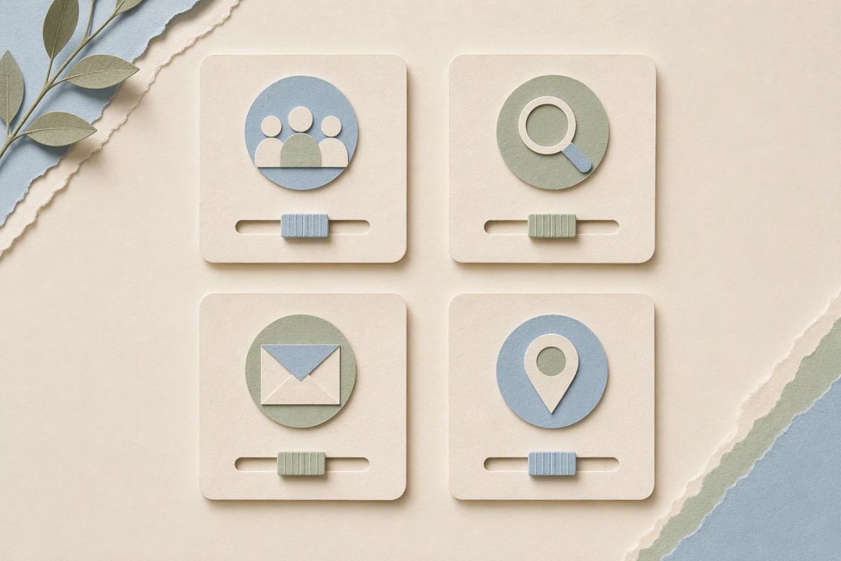 Four independent paper control objects represent audience, discovery, messages, and location.