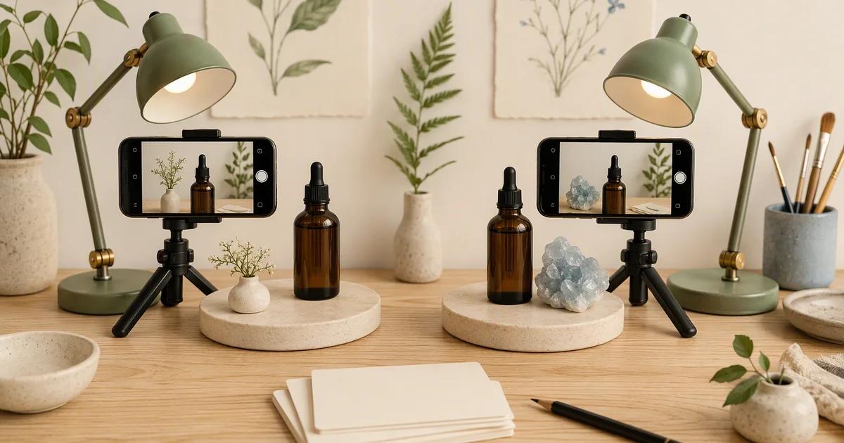 Two camera and lamp setups record a product bottle, with different props beside each bottle.
