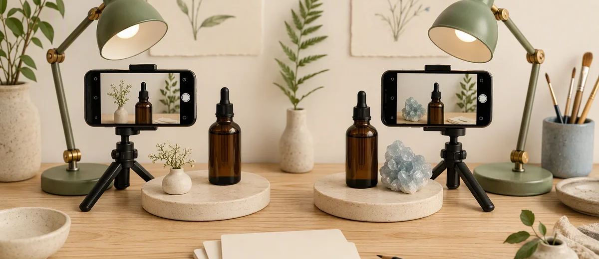 Two camera and lamp setups record a product bottle, with different props beside each bottle.