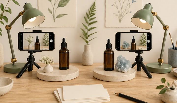 Two camera and lamp setups record a product bottle, with different props beside each bottle.