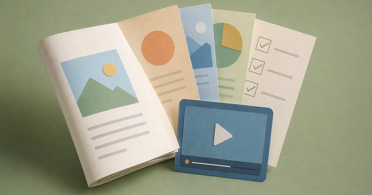 AI-generated conceptual cover: A beautifully lit paper-craft editorial scene: one substantial article sheet opens into a fan of distinct visual content cards, a video-shaped frame, and a checklist. Tactile paper, subtle depth, clear composition, no printed words.
