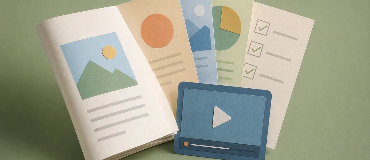 AI-generated conceptual cover: A beautifully lit paper-craft editorial scene: one substantial article sheet opens into a fan of distinct visual content cards, a video-shaped frame, and a checklist. Tactile paper, subtle depth, clear composition, no printed words.