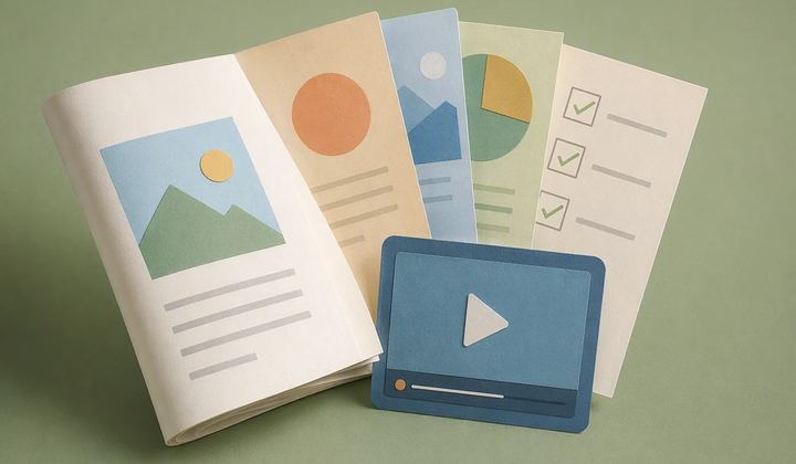 AI-generated conceptual cover: A beautifully lit paper-craft editorial scene: one substantial article sheet opens into a fan of distinct visual content cards, a video-shaped frame, and a checklist. Tactile paper, subtle depth, clear composition, no printed words.