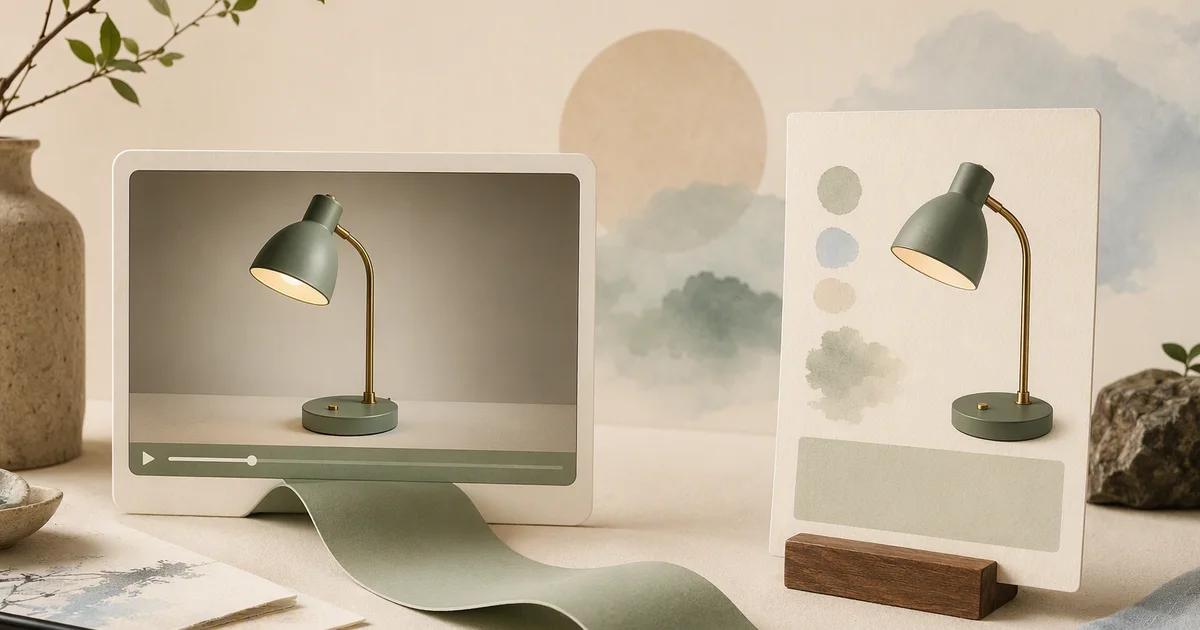 A continuous path connects a lamp video frame with matching product information.