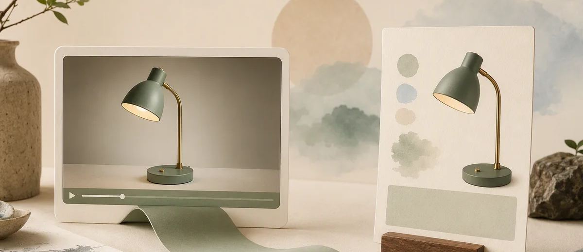 A continuous path connects a lamp video frame with matching product information.