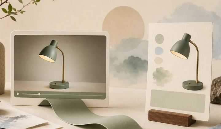 A continuous path connects a lamp video frame with matching product information.