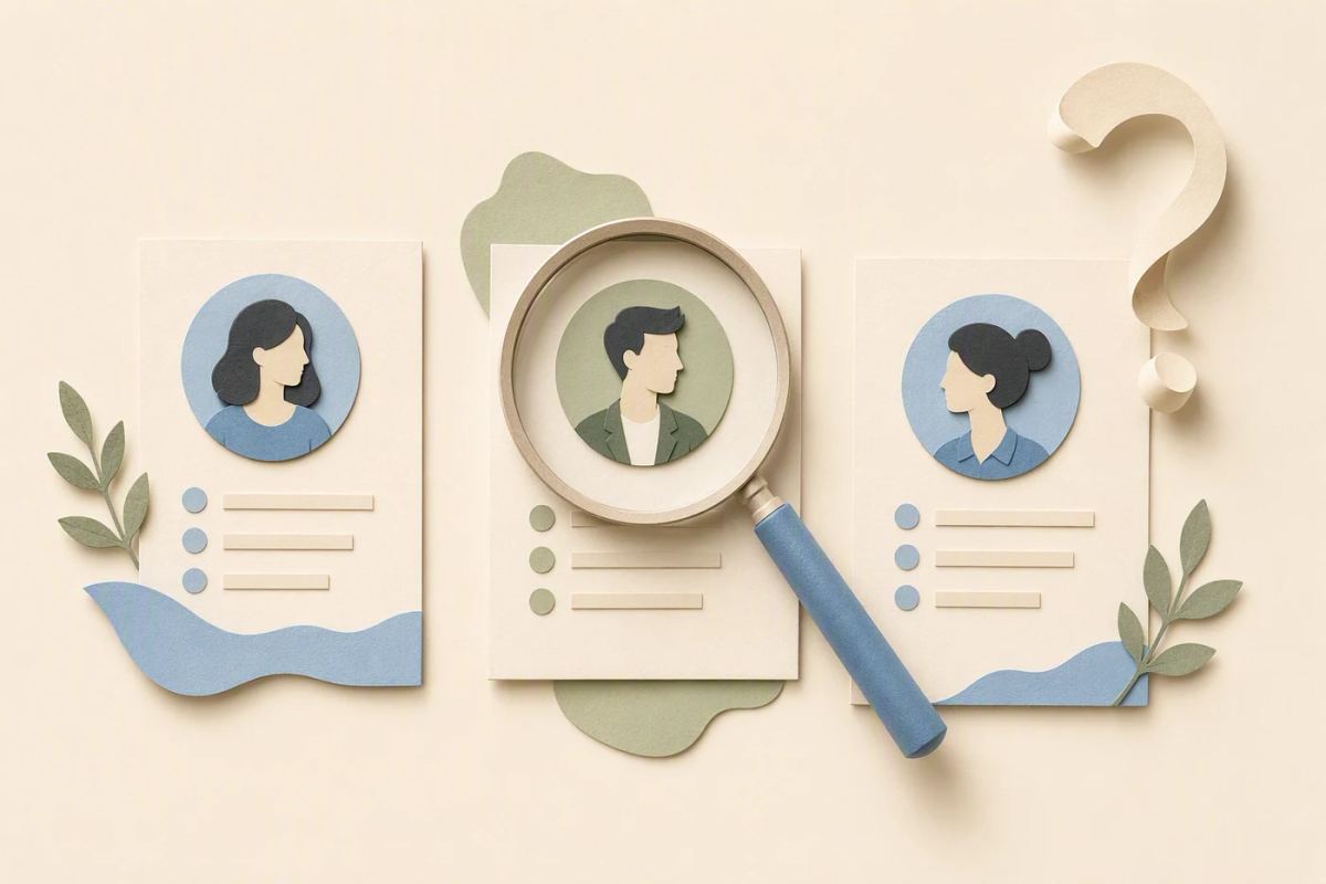 Three profile cards are reviewed individually beside a magnifying lens.