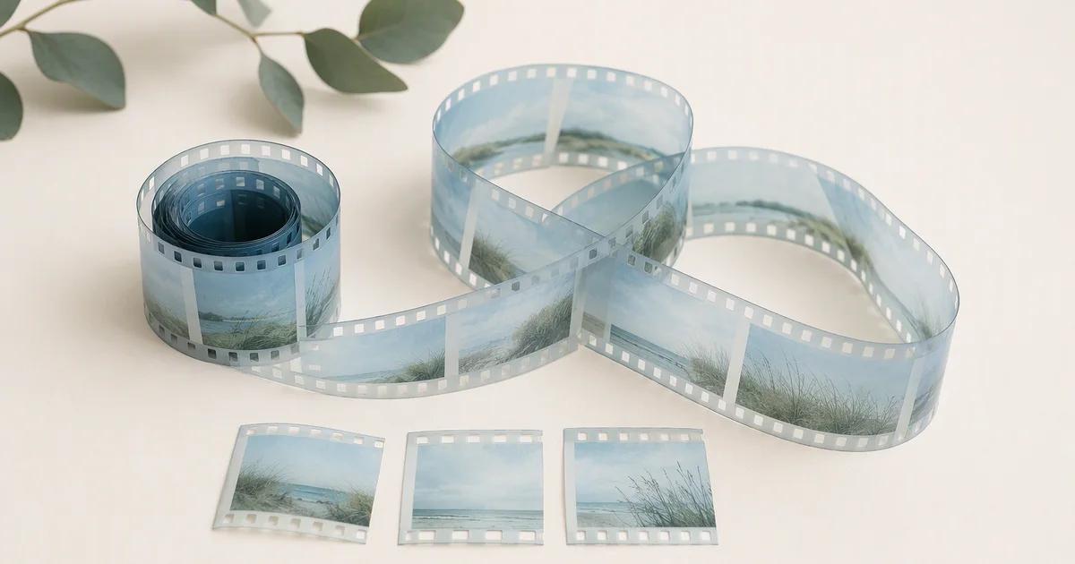 A curled pale blue filmstrip and three separate landscape frames rest on an ivory surface.
