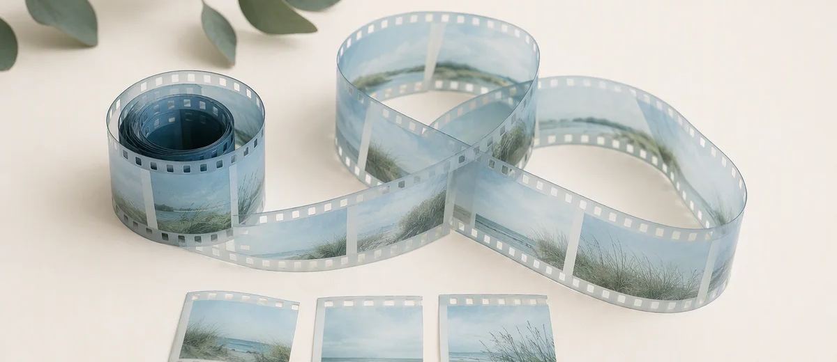 A curled pale blue filmstrip and three separate landscape frames rest on an ivory surface.