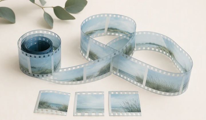 A curled pale blue filmstrip and three separate landscape frames rest on an ivory surface.