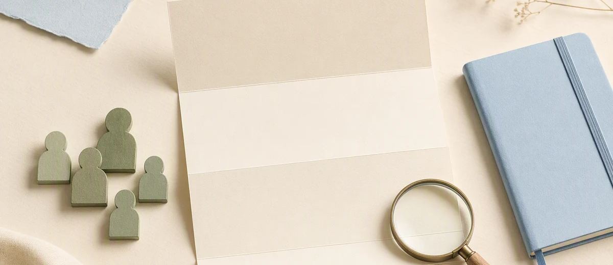 A paper post unfolds beside several small audience markers and an observation notebook.