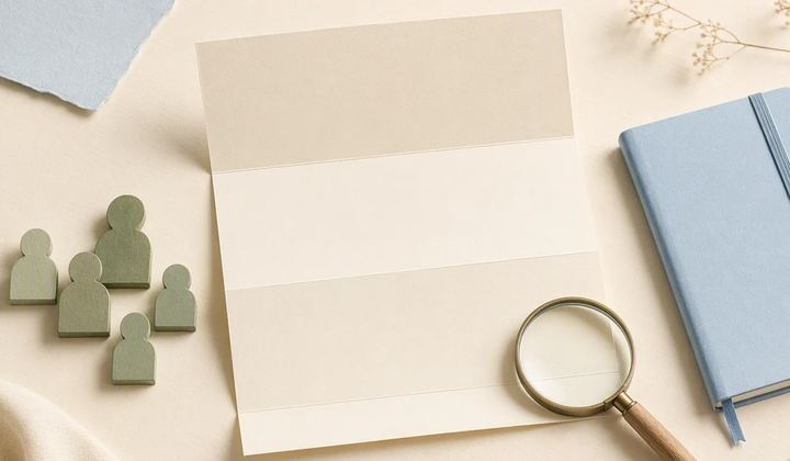A paper post unfolds beside several small audience markers and an observation notebook.