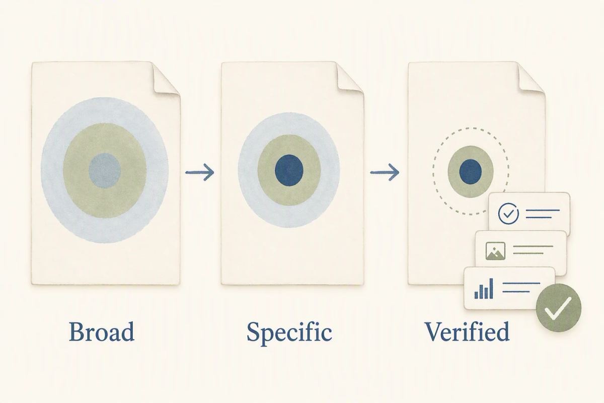 Three-stage editing diagram moves from a broad promise to a specific promise and a proof check.