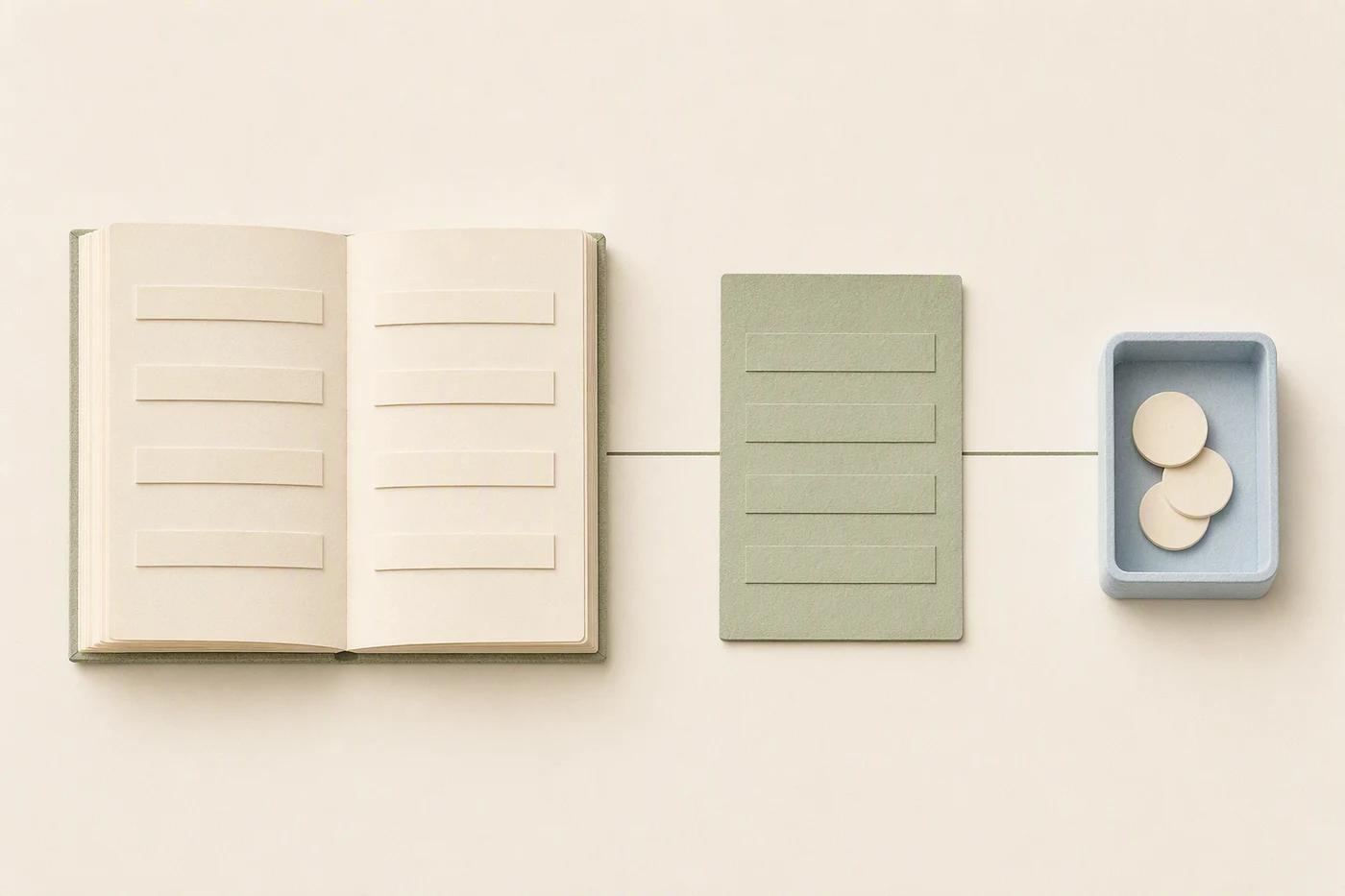 A provisional paper ledger and a small cash tray are separated by a review card.