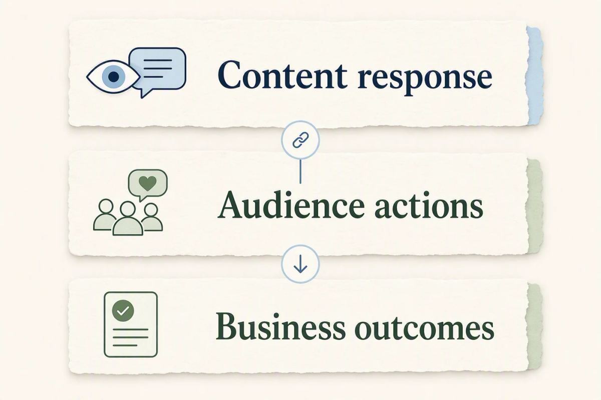 Three measurement layers connecting content response to audience actions and business outcomes