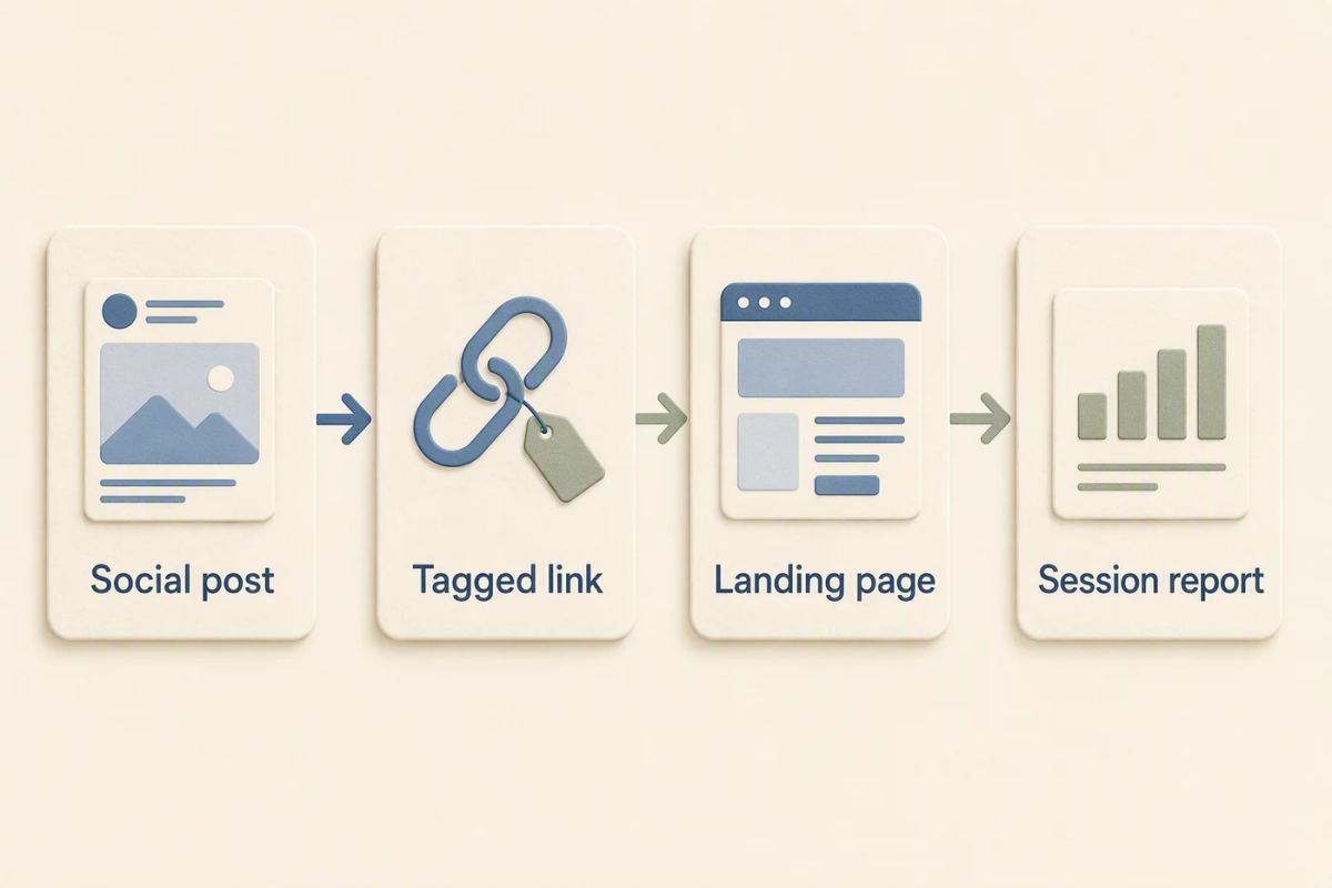 Illustrative link journey from a social post through a tagged link to a landing page and session report.