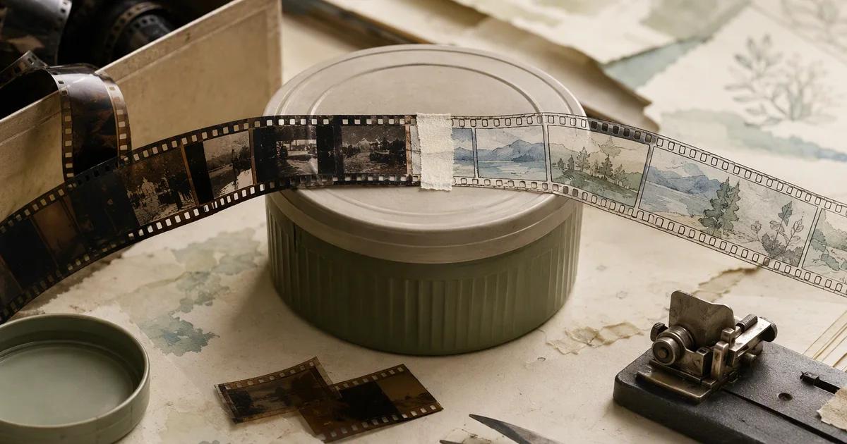 Photographic and illustrated film frames join above a round tin on a craft work surface.