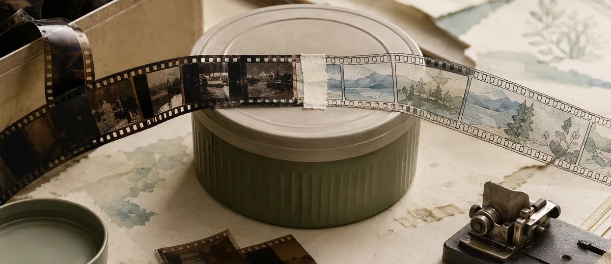 Photographic and illustrated film frames join above a round tin on a craft work surface.