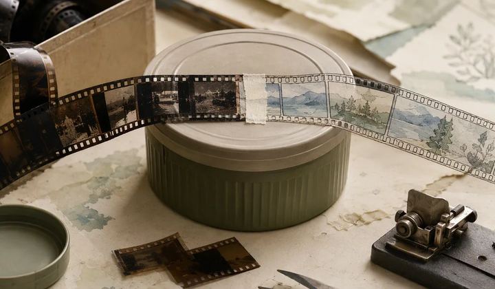 Photographic and illustrated film frames join above a round tin on a craft work surface.