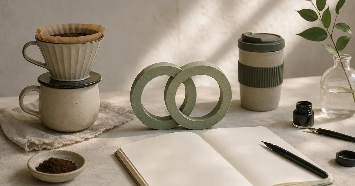 Coffee brewing equipment sits beside two interlocking green rings and an open notebook.