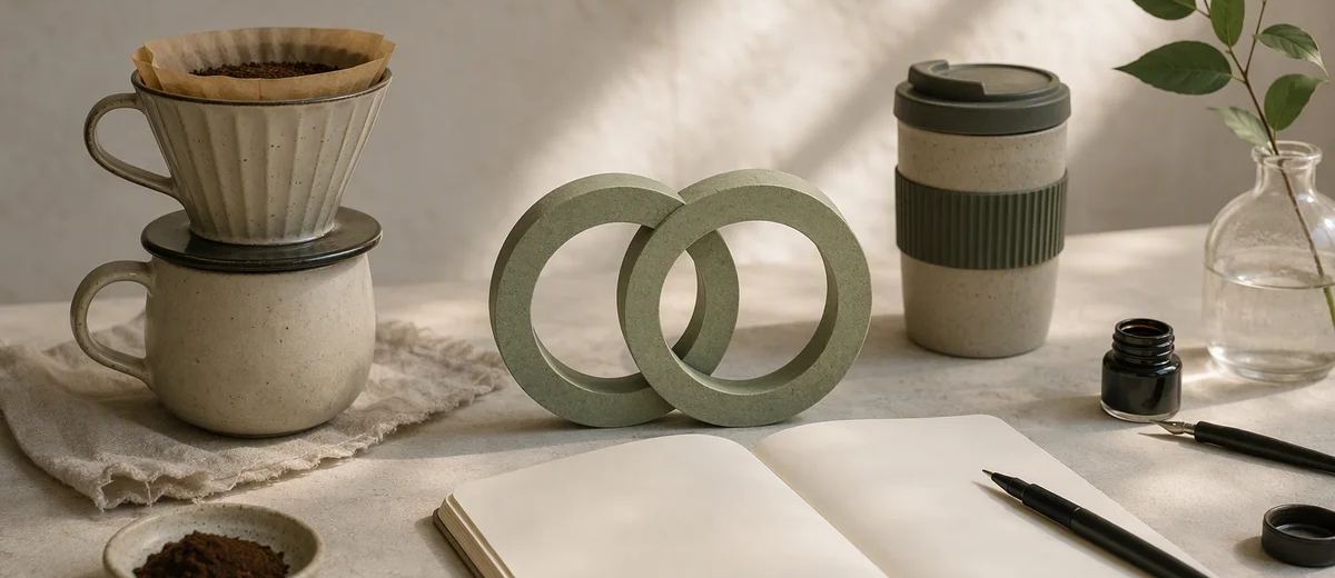 Coffee brewing equipment sits beside two interlocking green rings and an open notebook.