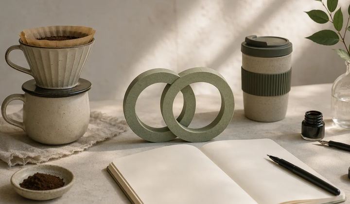 Coffee brewing equipment sits beside two interlocking green rings and an open notebook.