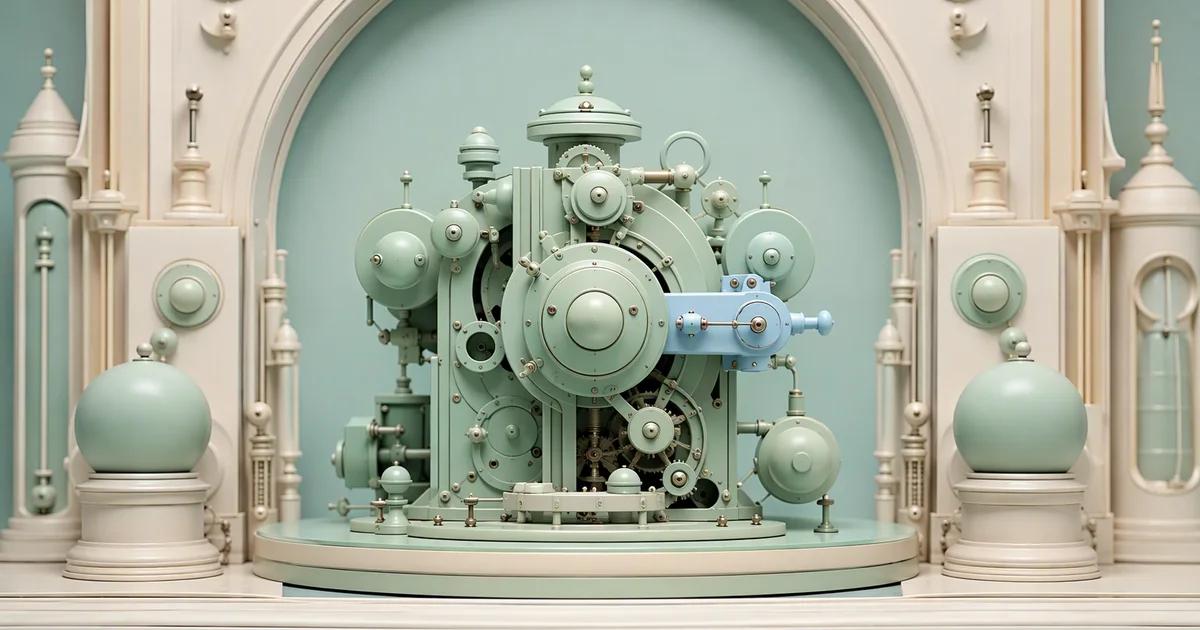 A mint mechanical assembly with a pale blue side attachment stands inside an ornate ivory arch.