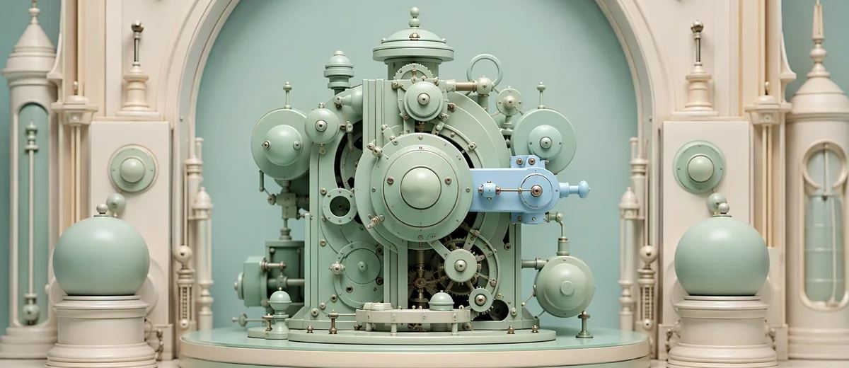 A mint mechanical assembly with a pale blue side attachment stands inside an ornate ivory arch.