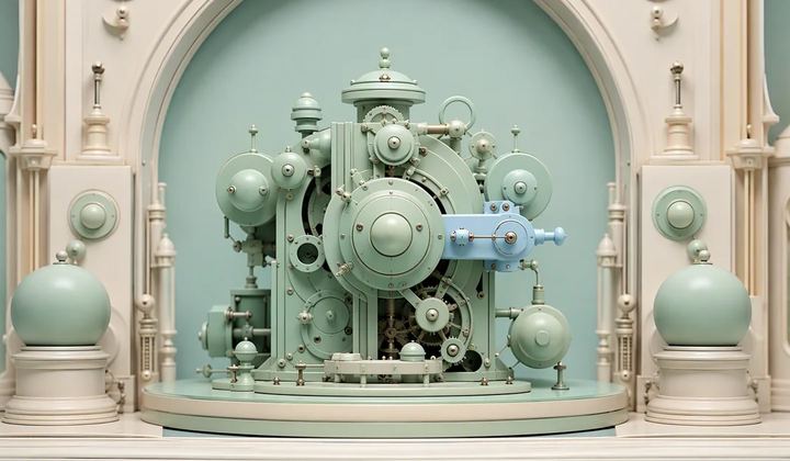 A mint mechanical assembly with a pale blue side attachment stands inside an ornate ivory arch.