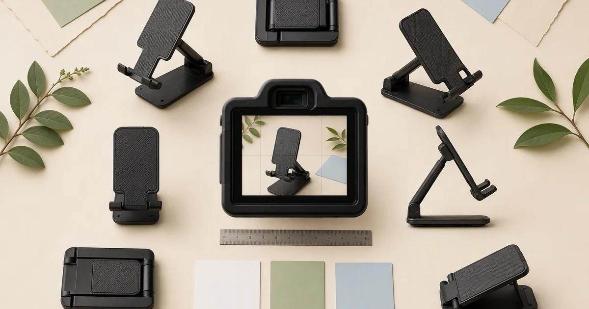 A folding phone stand in several positions beside a ruler and camera equipment.