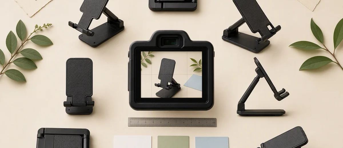 A folding phone stand in several positions beside a ruler and camera equipment.