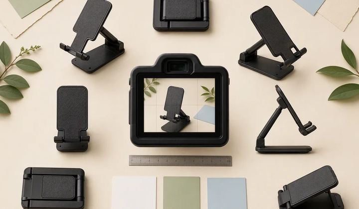 A folding phone stand in several positions beside a ruler and camera equipment.