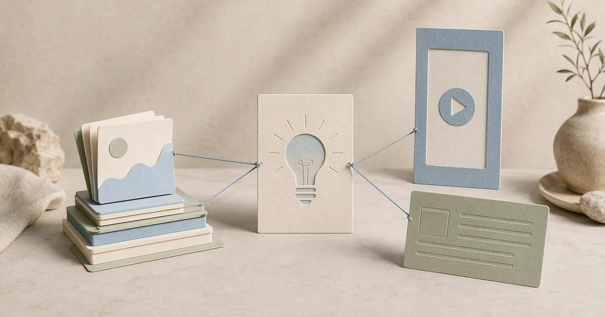 One central paper idea card branching into differently shaped social content cards