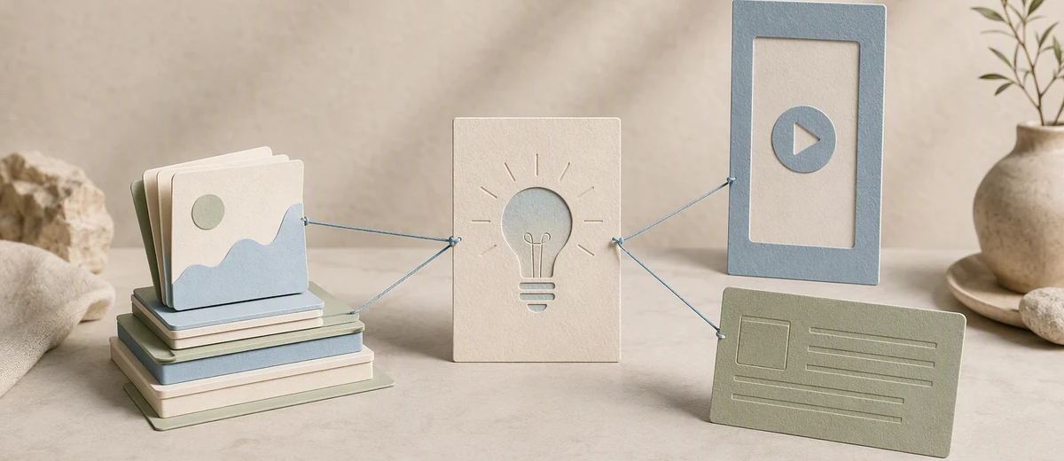 One central paper idea card branching into differently shaped social content cards