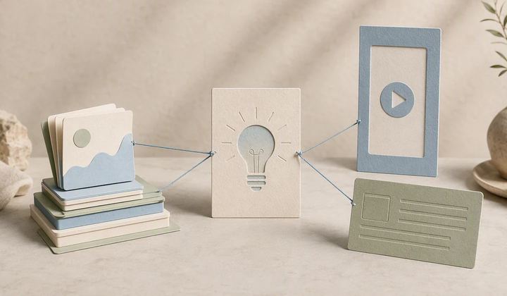 One central paper idea card branching into differently shaped social content cards