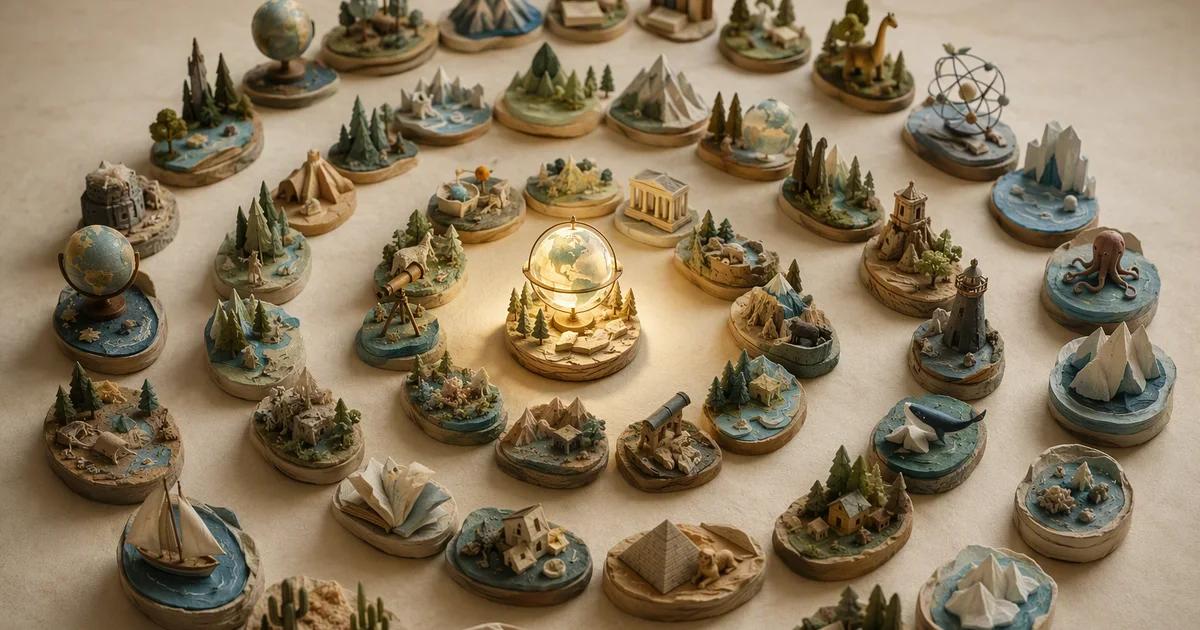 Miniature educational dioramas arranged in a spiral around an illuminated central piece.