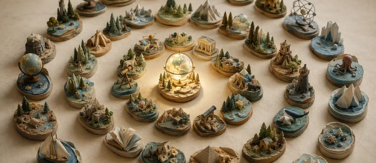 Miniature educational dioramas arranged in a spiral around an illuminated central piece.