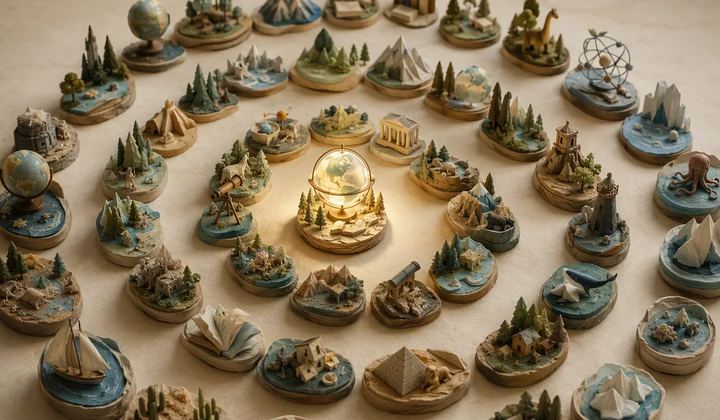 Miniature educational dioramas arranged in a spiral around an illuminated central piece.