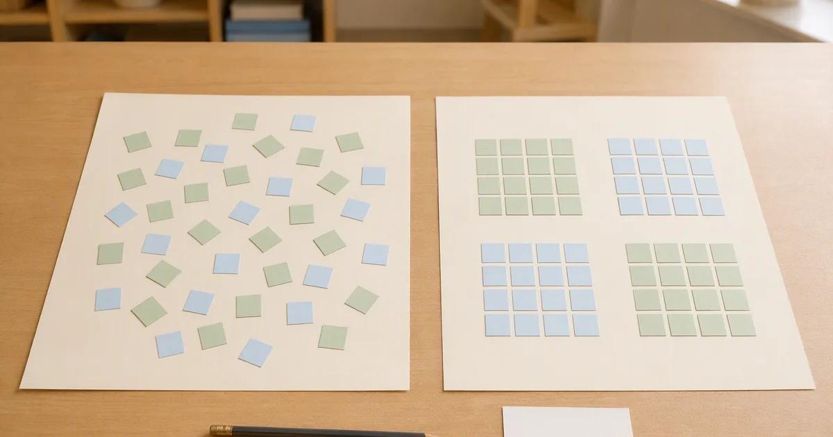 Two sheets compare scattered pale blue and sage squares with the same colors arranged in grids.